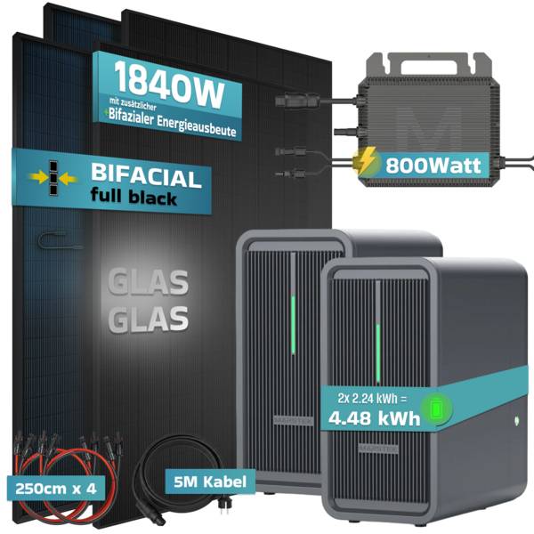 Balkonkraftwerk 1840 / 800 Watt mit Marstek B2500-D 4.48 kWh Solarspeicher, BIFAZIAL FULLBLACK komplett Steckdose