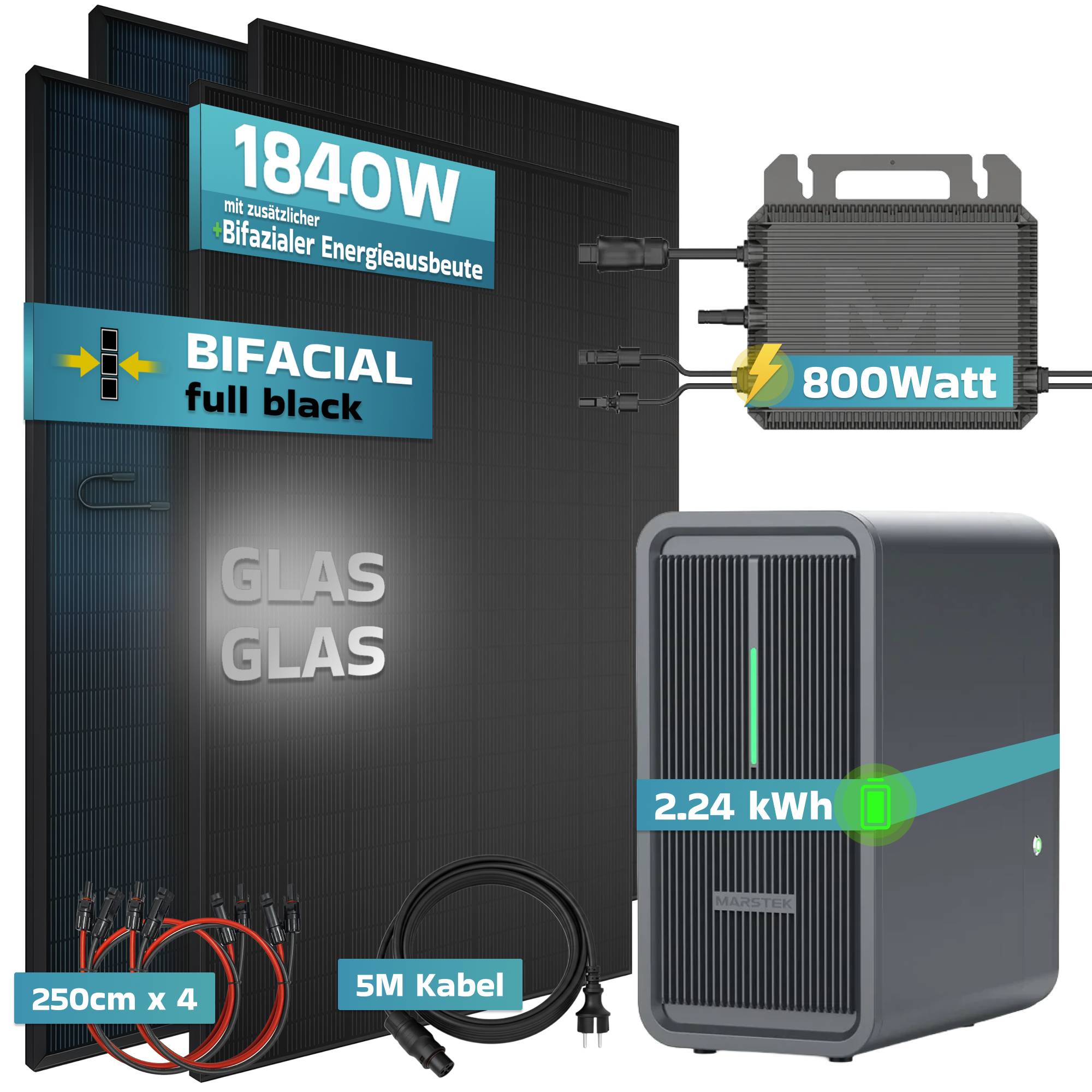 Balkonkraftwerk 1840 / 800 Watt mit Marstek B2500-D 2.24 kWh Solarspeicher, BIFAZIAL FULLBLACK komplett Steckdose-4