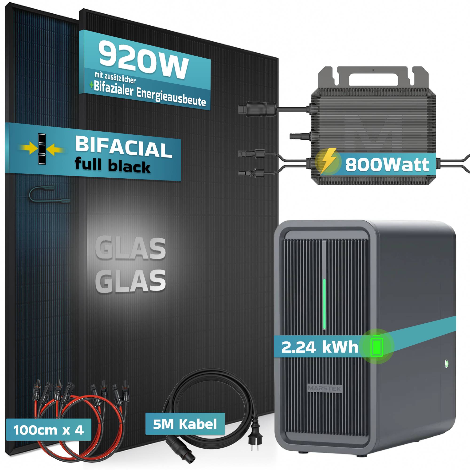 Balkonkraftwerk 920 / 800 Watt mit Marstek B2500-D 2.24 kWh Solarspeicher, BIFAZIAL FULLBLACK komplett Steckdose-4