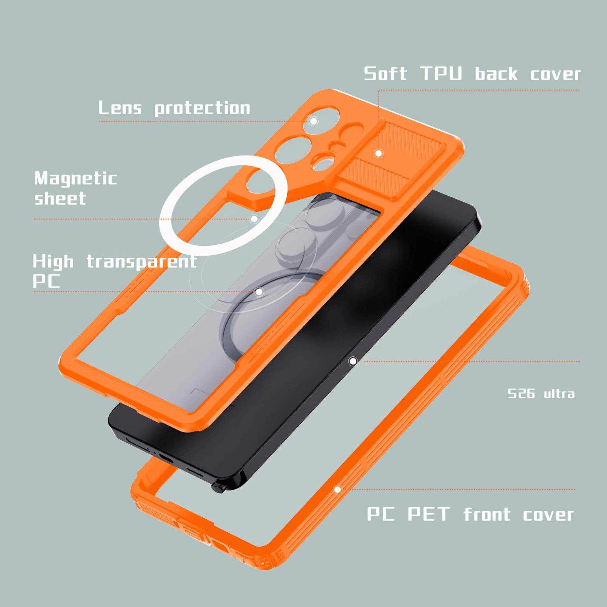 Handy Hülle Magsafe Wasserdicht für Samsung Galaxy S26 Ultra 5G 360 Grad Orange-2