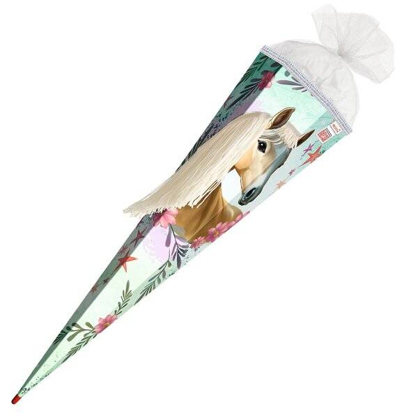 Schultüte Pferd Bella - sechseckig 85 cm Wollmähne und Glitzerborte