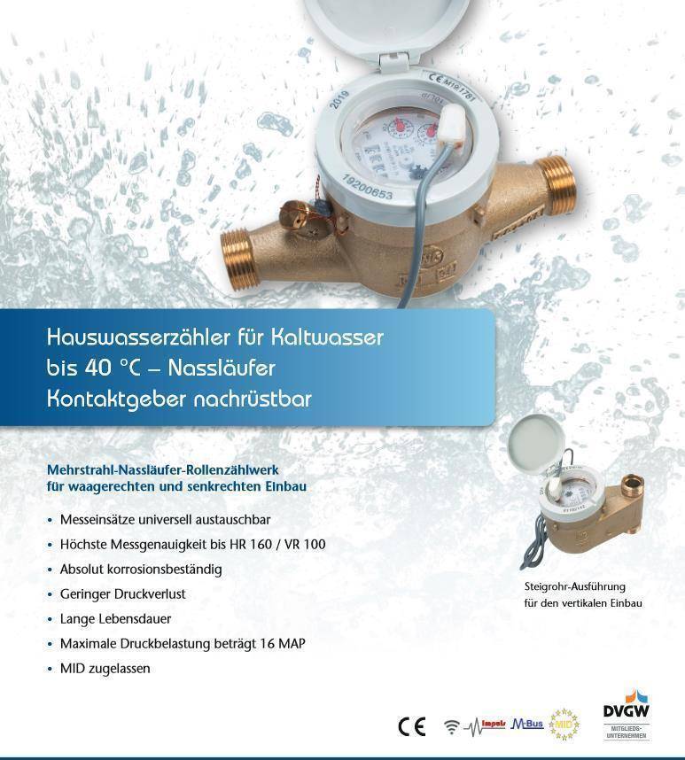 Wasser Gerate Hauswasserzähler MNRS für Kaltwasser Qn 6 1" 260 mm inklusive Eichung-1