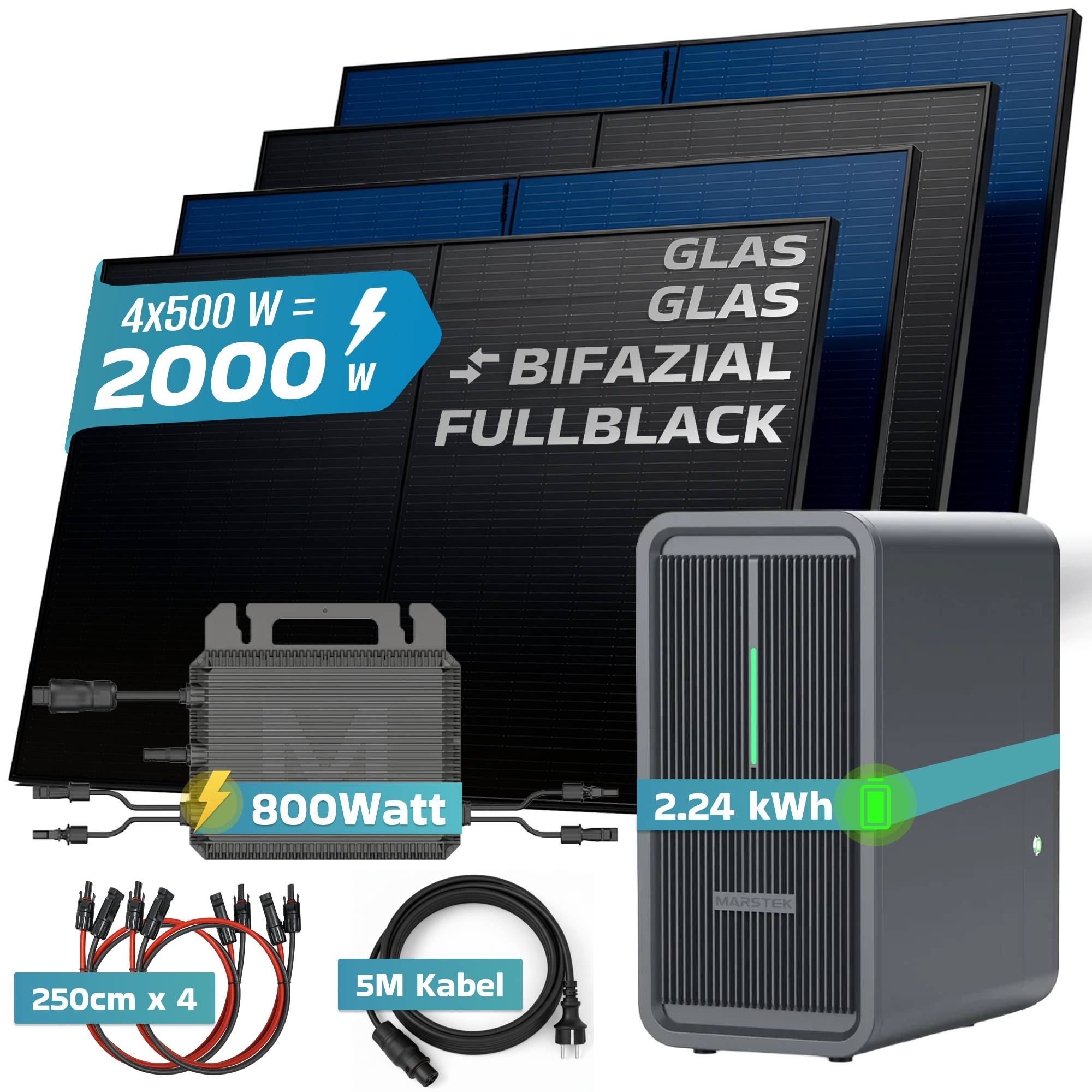 Balkonkraftwerk 2000 / 800 Watt mit Marstek B2500-D 2.24 kWh Solarspeicher, BIFAZIAL FULLBLACK komplett Steckdose-3