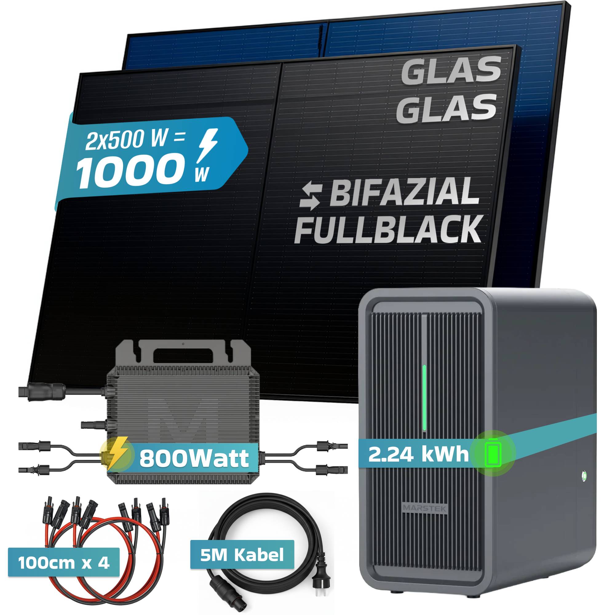 Balkonkraftwerk 1000 / 800 Watt mit Marstek B2500-D 2.24 kWh Solarspeicher, BIFAZIAL FULLBLACK komplett Steckdose-4
