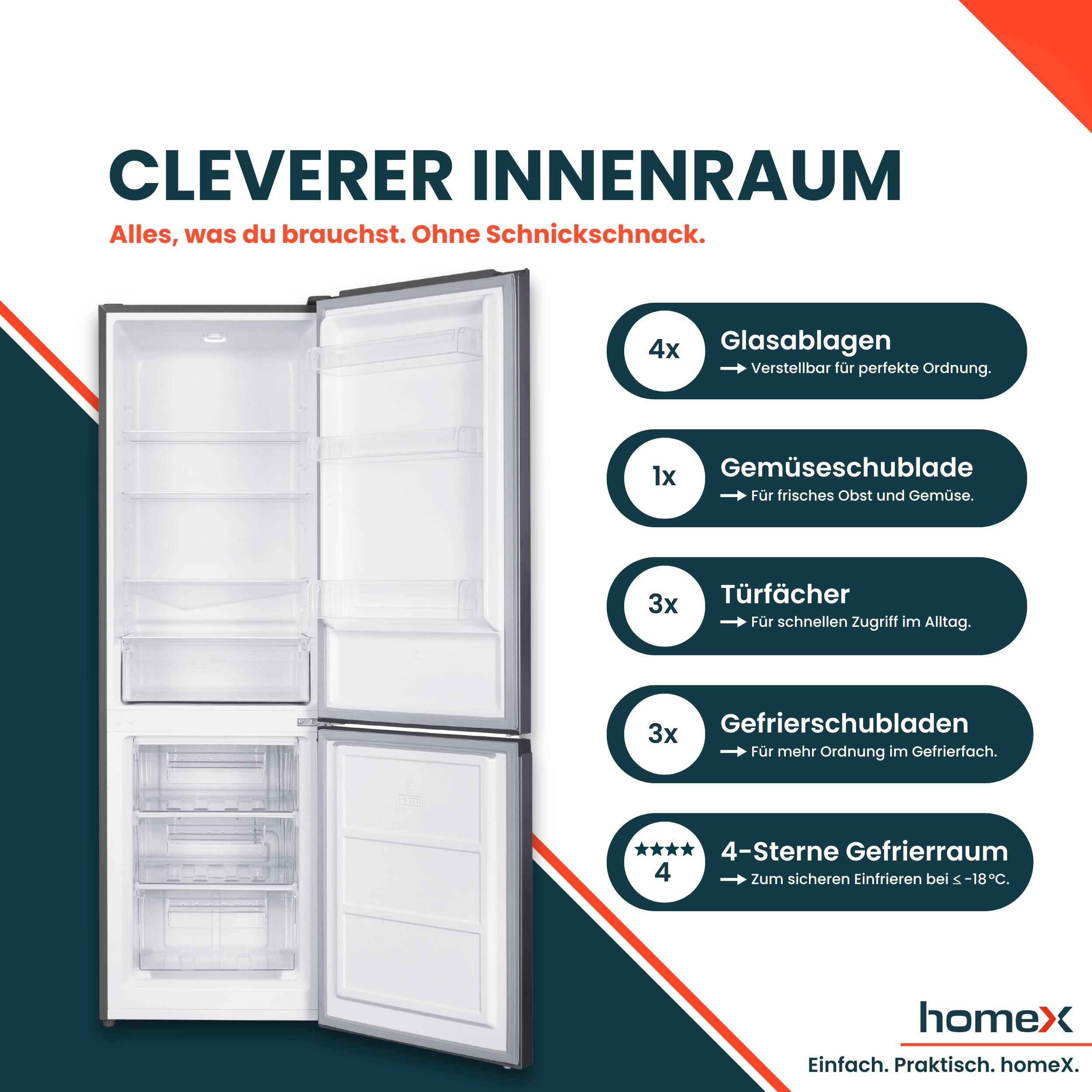 homeX Kühlschrank mit Gefrierfach, Kühl-Gefrierkombination freistehend, groß - 315 L, Super-Frost-Funktion, CFS3151C-S-2