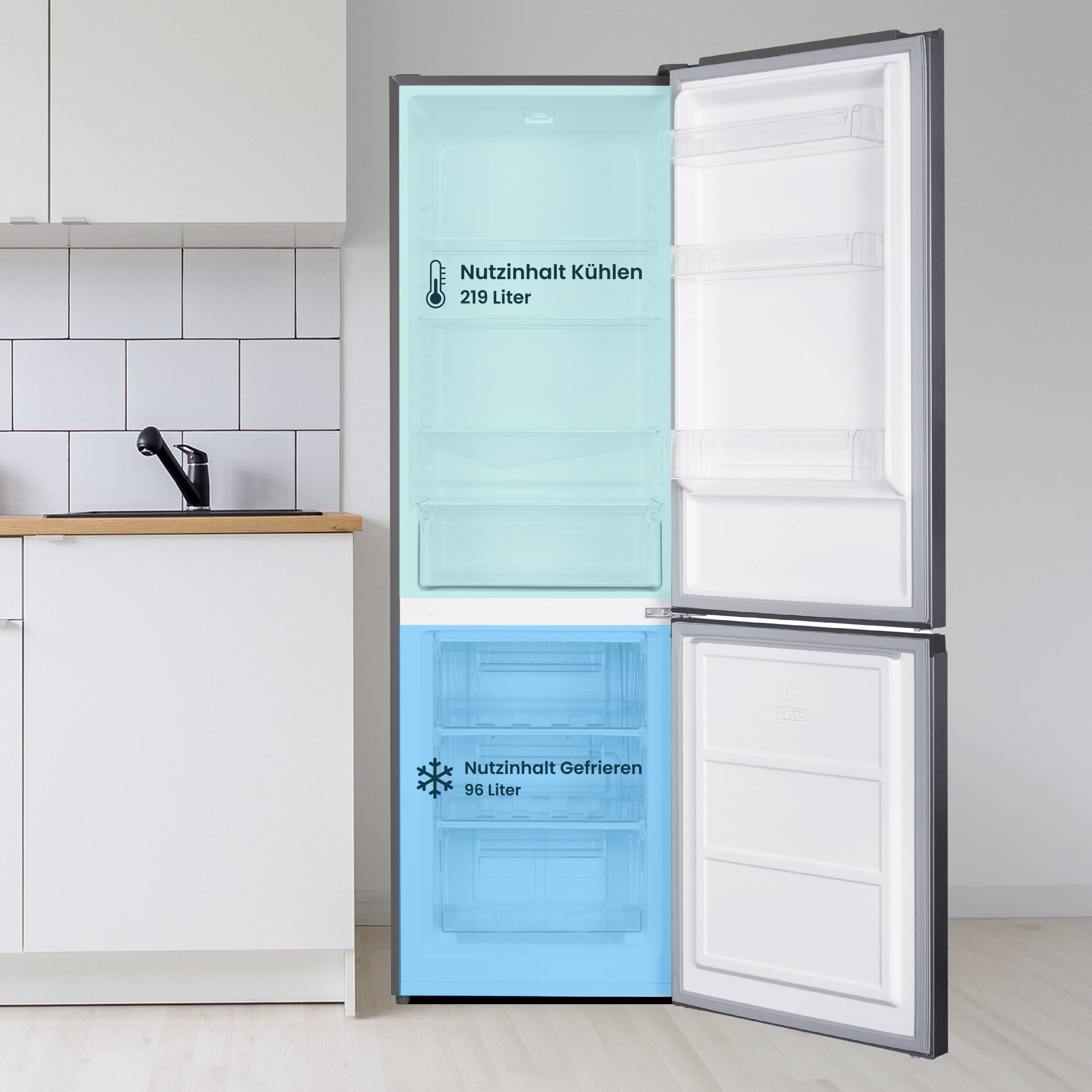 homeX Kühlschrank mit Gefrierfach, Kühl-Gefrierkombination freistehend, groß - 315 L, Super-Frost-Funktion, CFS3151C-S-3