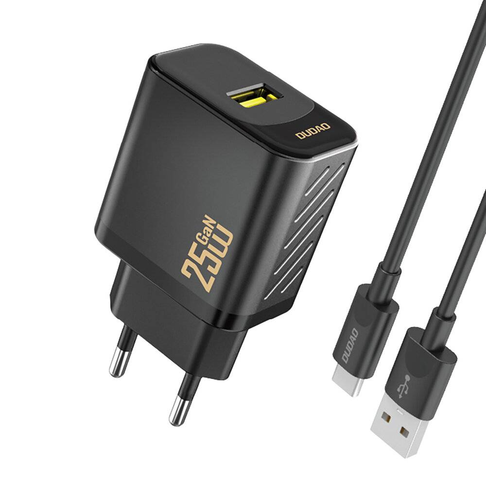 Dudao A27STEU 25W GaN USB-A Wandladegerät mit USB-A- und USB-C-Kabel – Schwarz-0