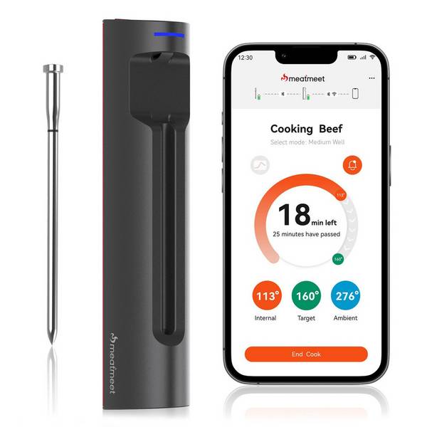 Meatmeet S Pro Küchenthermometer mit Bluetooth/WLAN-App für Grill, Backofen und Smoker – Grau