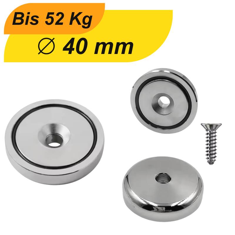 4 Stück Neodym Topfmagnet Ø40 mm M6 – Haltekraft ca. 52 kg – vernickelt-0