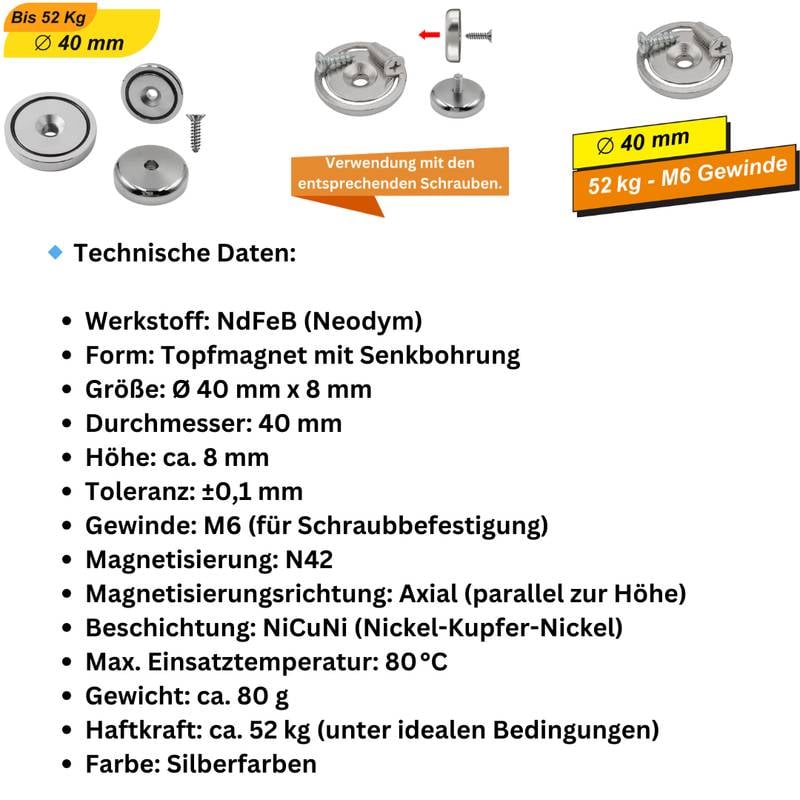 4 Stück Neodym Topfmagnet Ø40 mm M6 – Haltekraft ca. 52 kg – vernickelt-1