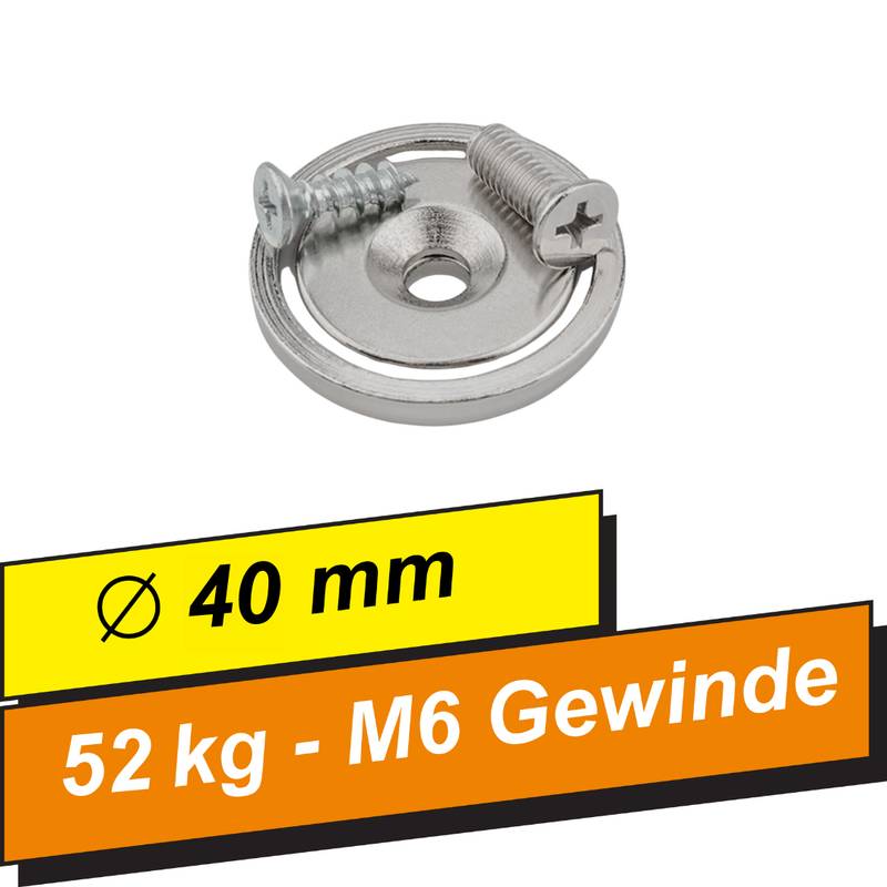 4 Stück Neodym Topfmagnet Ø40 mm M6 – Haltekraft ca. 52 kg – vernickelt-3