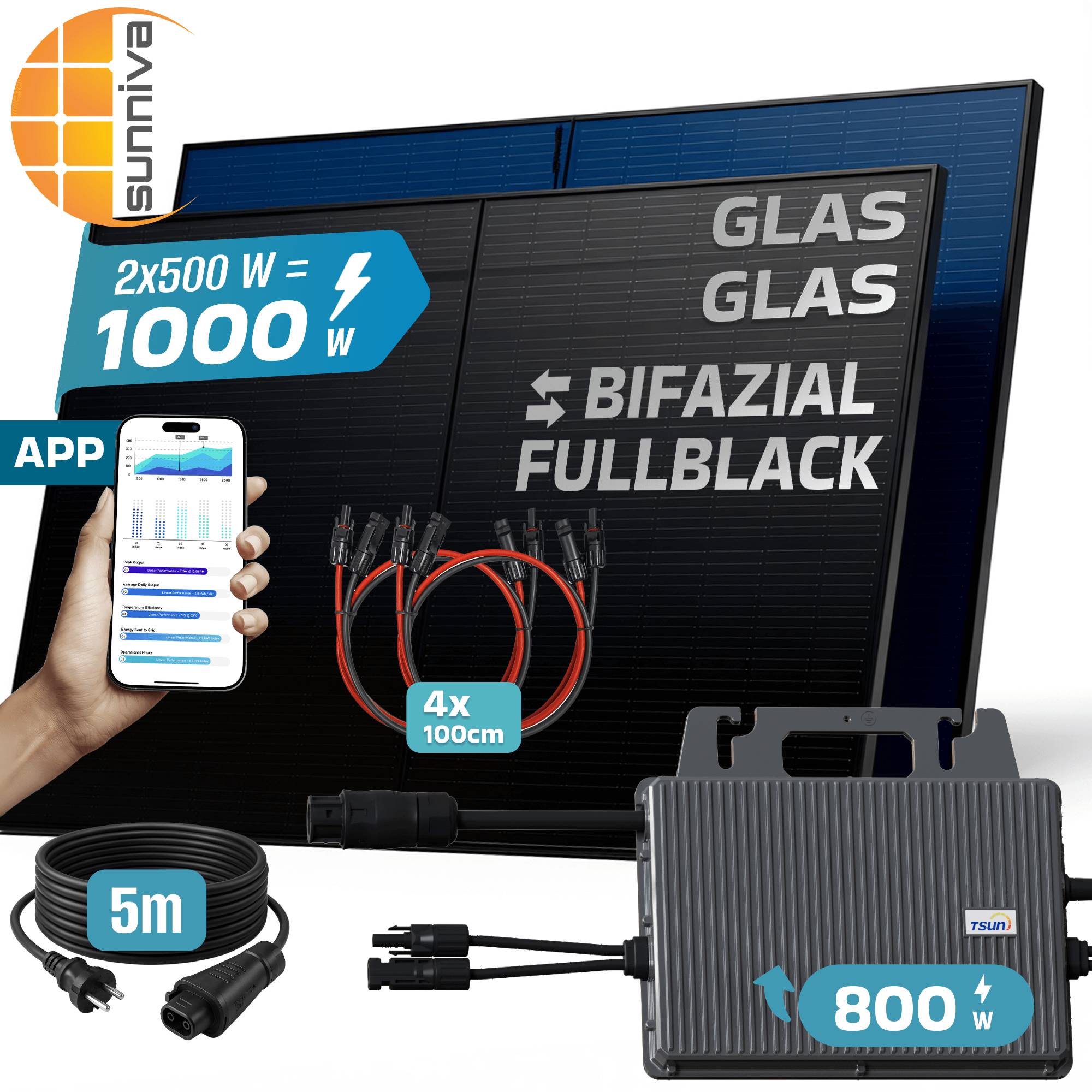 1000W Balkonkraftwerk BIFAZIAL FULLBLACK komplett Steckdose TSUN 800Watt Wechselrichter, Solaranlage 2x500W Glas-Glas-1