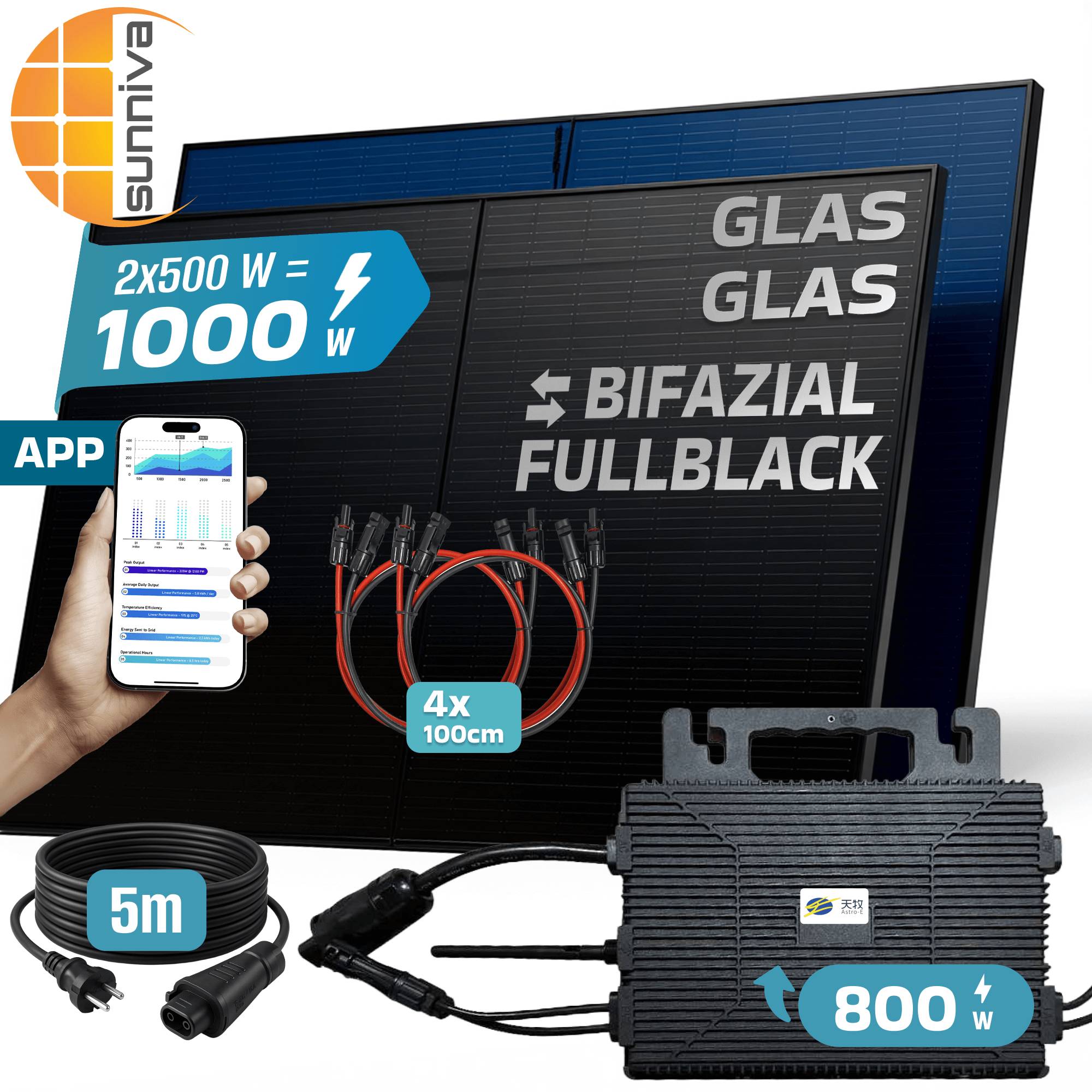 1000W Balkonkraftwerk BIFAZIAL FULLBLACK komplett Steckdose ASTRO-E 800Watt Wechselrichter, Solaranlage 2x500W Glas-Glas-1