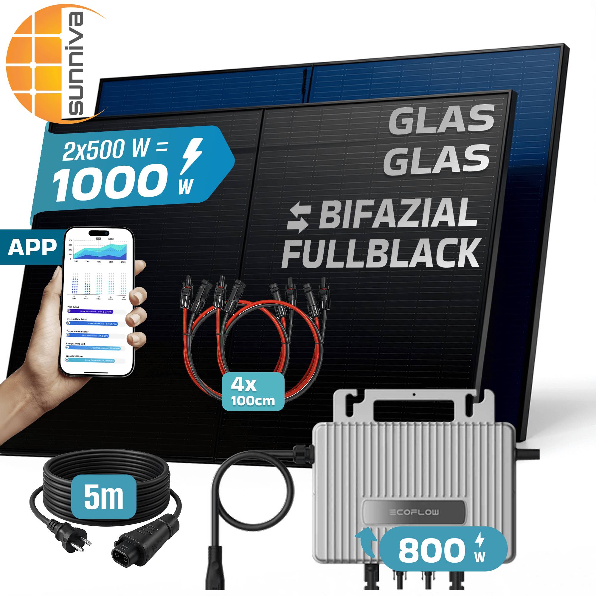1000W Balkonkraftwerk BIFAZIAL FULLBLACK komplett Steckdose ECOFLOW 800W Wechselrichter, Solaranlage 2x500W Glas-Glas-1