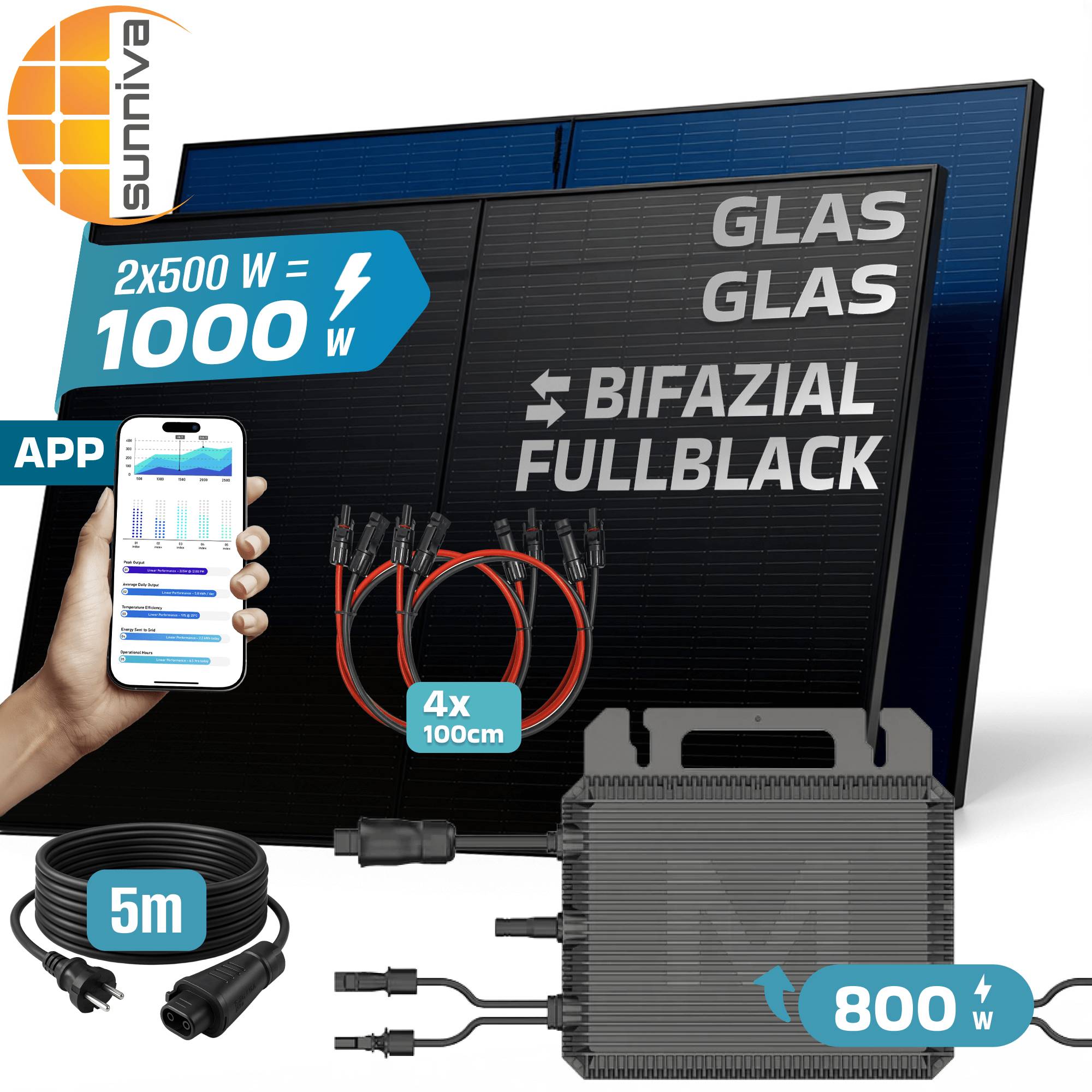 1000W Balkonkraftwerk BIFAZIAL FULLBLACK komplett Steckdose MARSTEK 800W Wechselrichter, Solaranlage 2x500W Glas-Glas-3