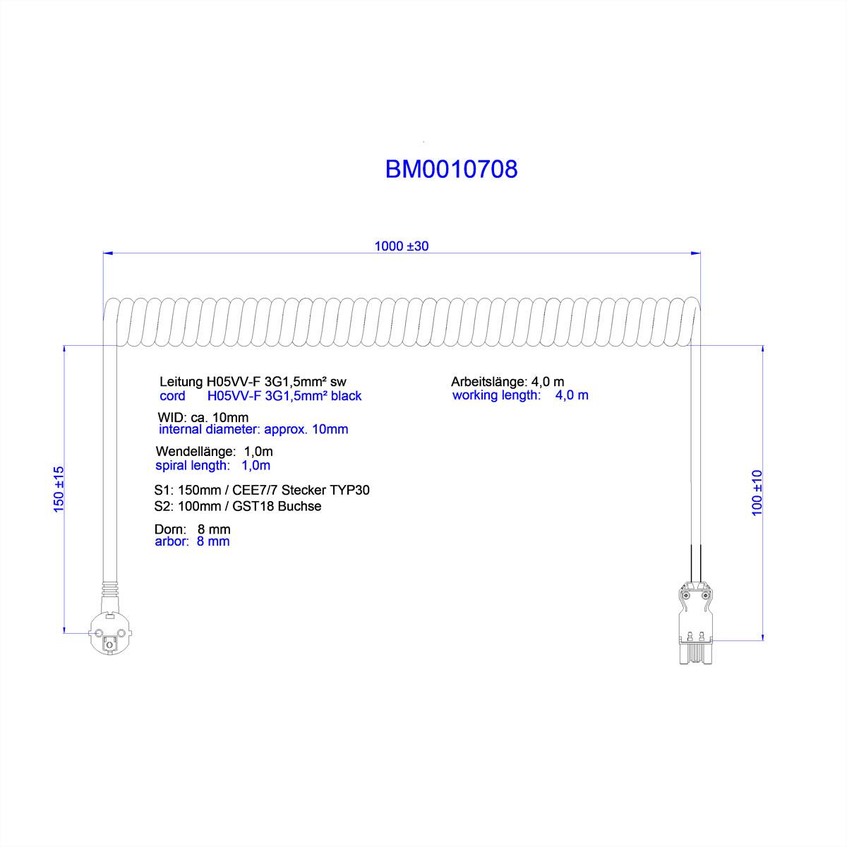 BACHMANN Spiralleitung H05VV-F 3G1,5mm² L:1,0m sw ISV/CEE7/7-1