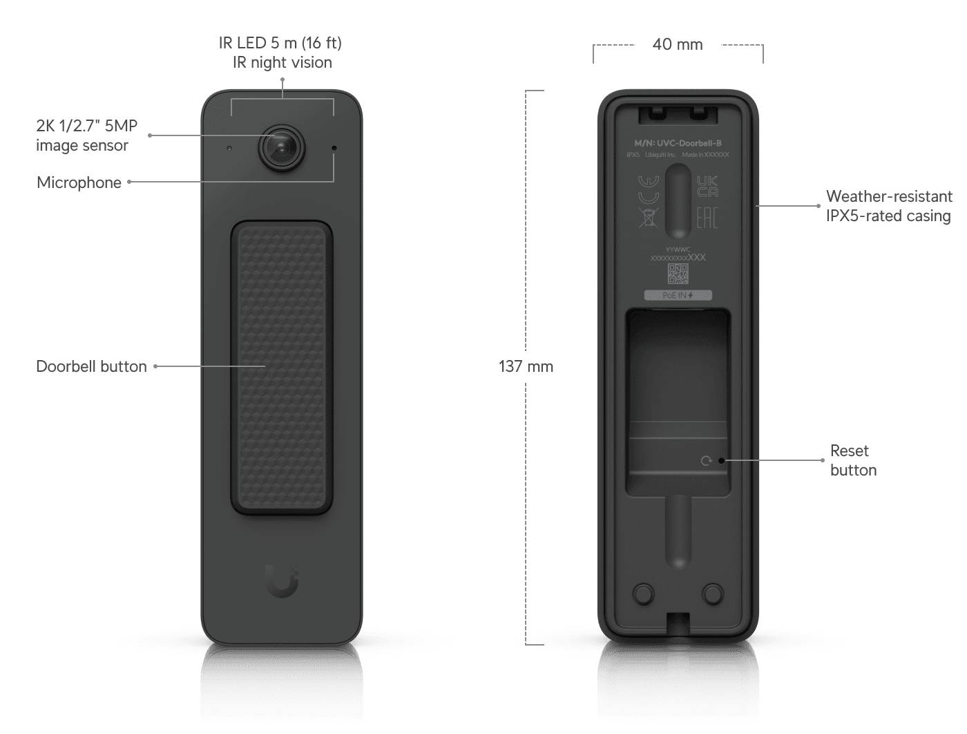 Ubiquiti Doorbell Lite, Schwarz, Metall, Polycarbonat (PC), Kabelgebunden, IPX5, 5 MP, 2560 x 1920 Pixel-1