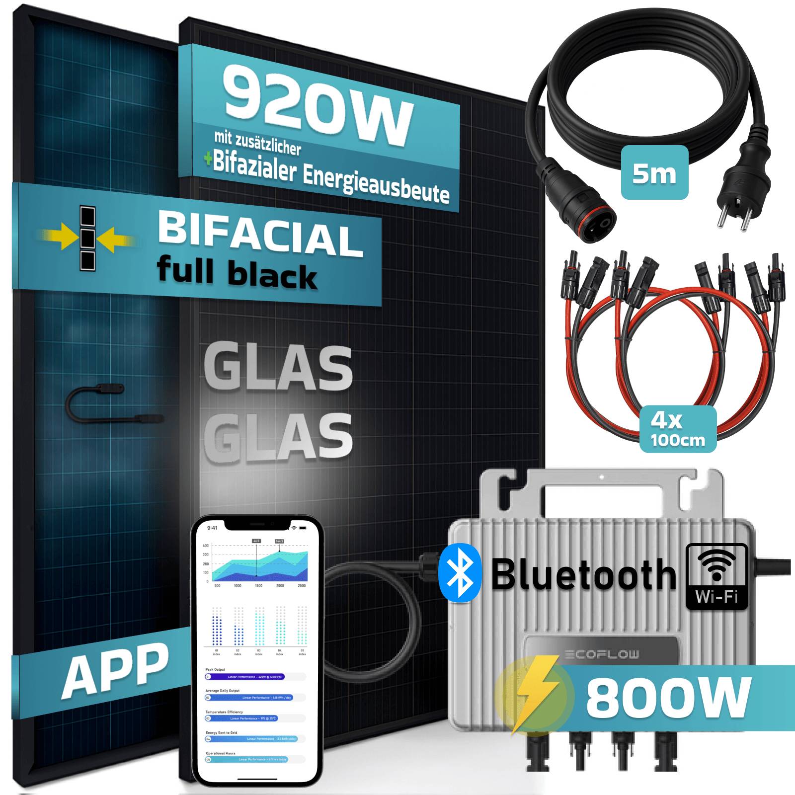 920W Balkonkraftwerk BIFAZIAL FULLBLACK komplett Steckdose ECOFLOW 800W Wechselrichter, Solaranlage 2x460W Glas-Glas-4