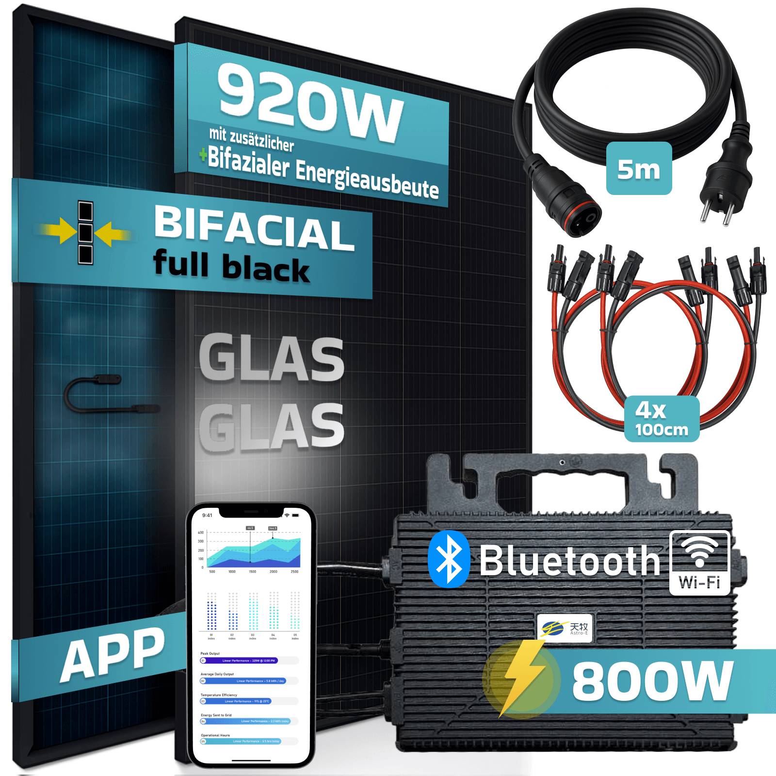 920W Balkonkraftwerk BIFAZIAL FULLBLACK komplett Steckdose ASTRO-E 800Watt Wechselrichter, Solaranlage 2x460W Glas-Glas-4