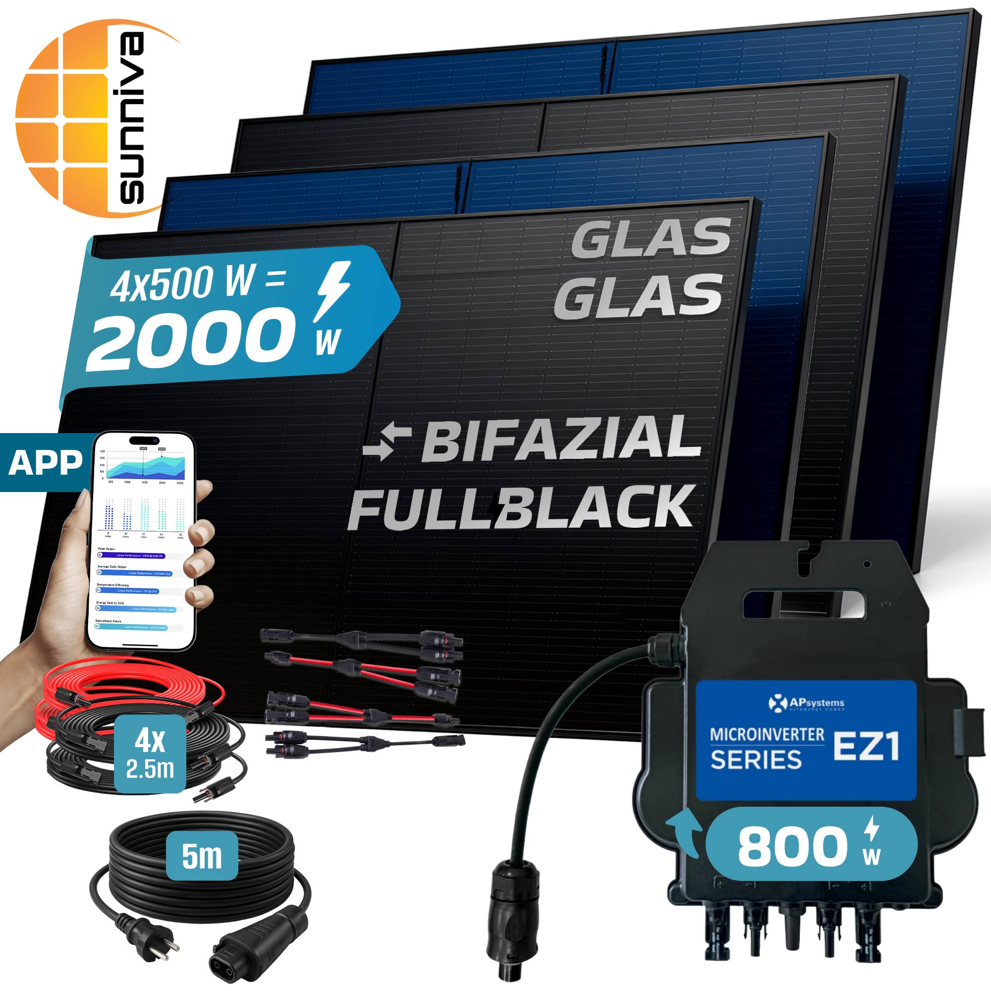 2000W Balkonkraftwerk BIFAZIAL FULLBLACK komplett Steckdose AP Systems 800W Wechselrichter, Solaranlage 4x500W Glas-Glas-4