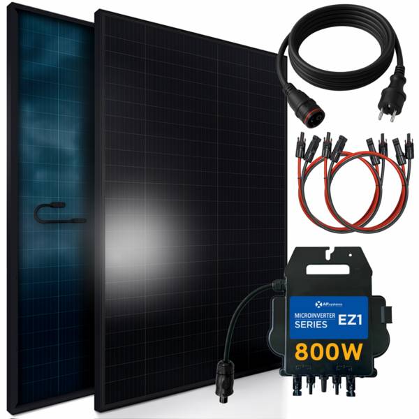 920W Balkonkraftwerk BIFAZIAL FULLBLACK komplett Steckdose AP Systems 800W Wechselrichter, Solaranlage 2x460W Glas-Glas