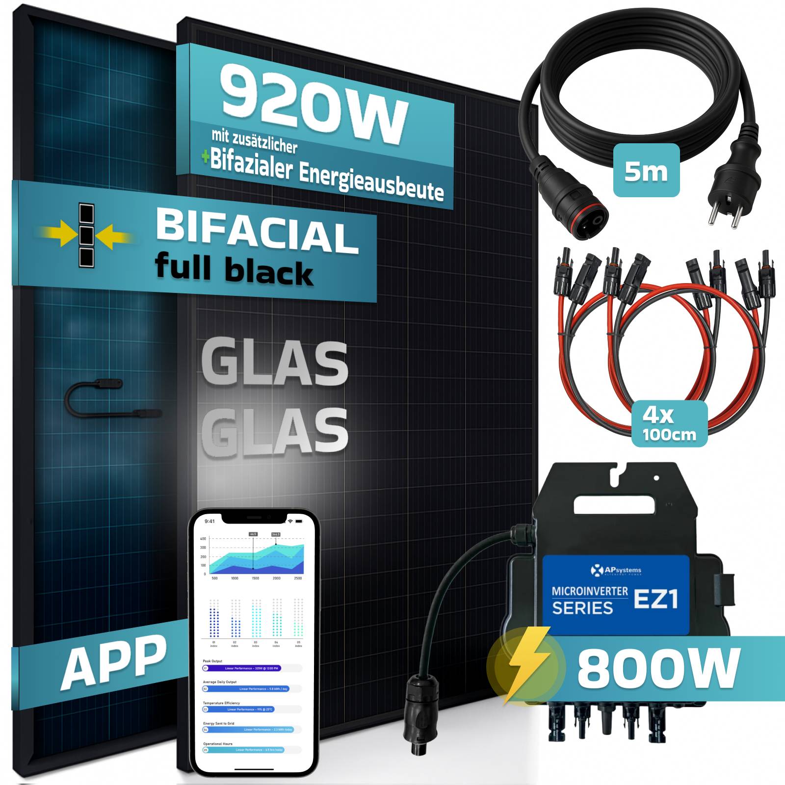 920W Balkonkraftwerk BIFAZIAL FULLBLACK komplett Steckdose AP Systems 800W Wechselrichter, Solaranlage 2x460W Glas-Glas-4