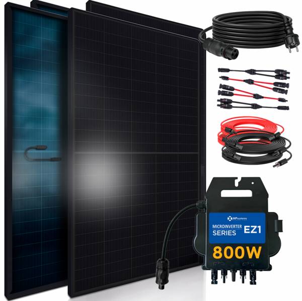 1840W Balkonkraftwerk BIFAZIAL FULLBLACK komplett Steckdose AP Systems 800W Wechselrichter, Solaranlage 4x460W Glas-Glas