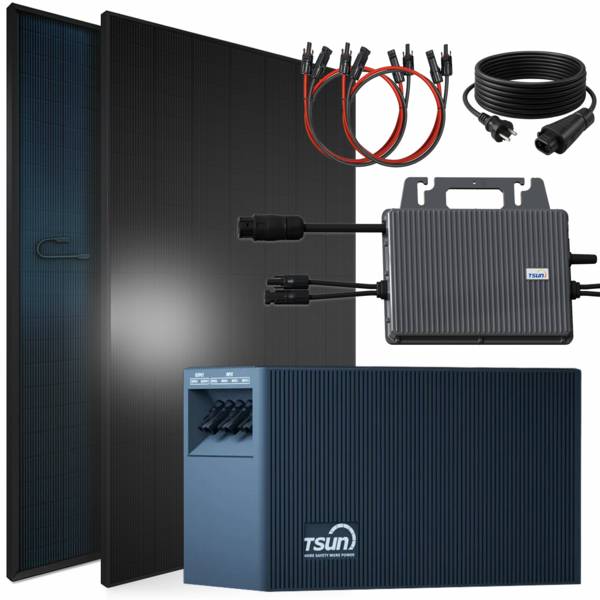 Balkonkraftwerk 920 / 800 Watt mit TSUN DCU2000Lite 2.01 kWh Solarspeicher, BIFAZIAL FULLBLACK komplett Steckdose