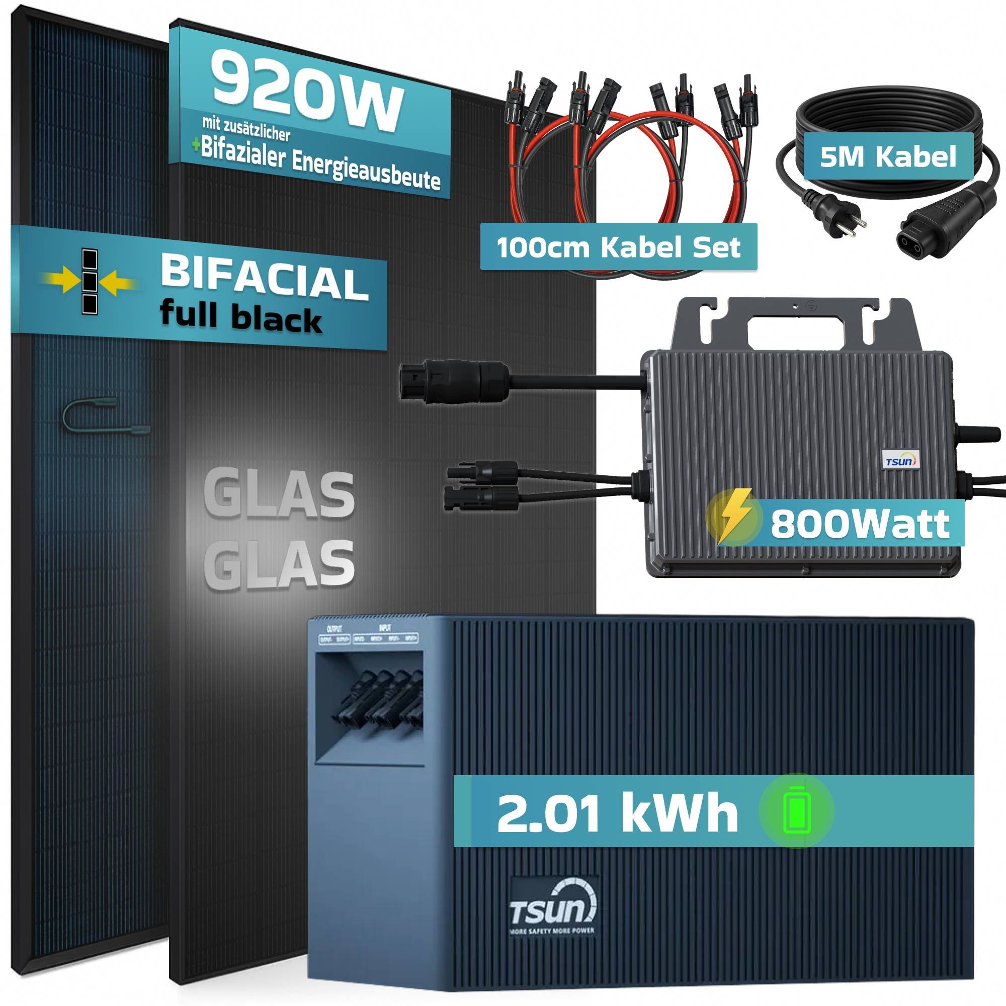 Balkonkraftwerk 920 / 800 Watt mit TSUN DCU2000Lite 2.01 kWh Solarspeicher, BIFAZIAL FULLBLACK komplett Steckdose-4