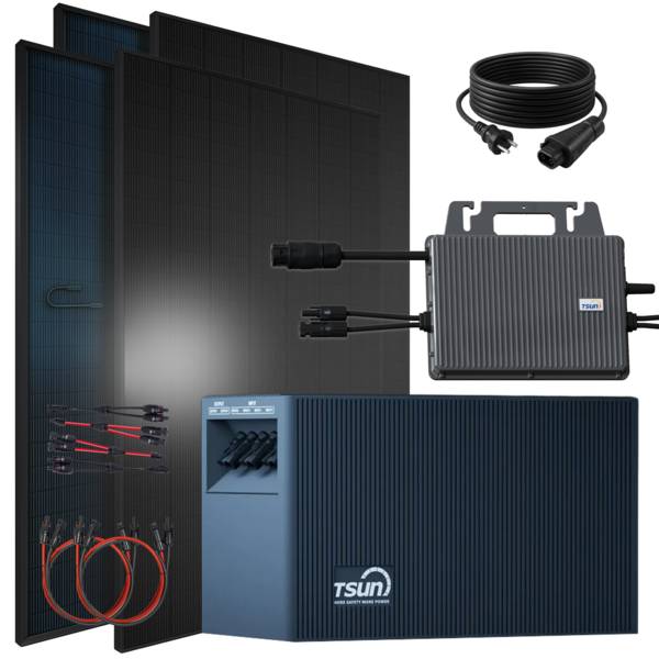 Balkonkraftwerk 1840 / 800 Watt mit TSUN DCU2000Lite 2.01 kWh Solarspeicher, BIFAZIAL FULLBLACK komplett Steckdose