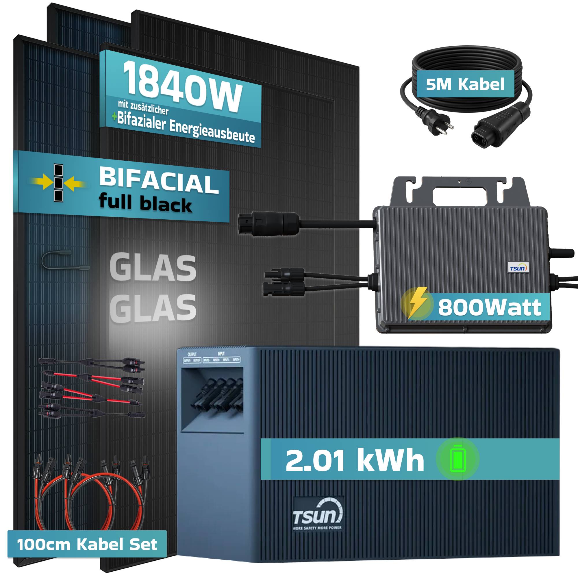 Balkonkraftwerk 1840 / 800 Watt mit TSUN DCU2000Lite 2.01 kWh Solarspeicher, BIFAZIAL FULLBLACK komplett Steckdose-4