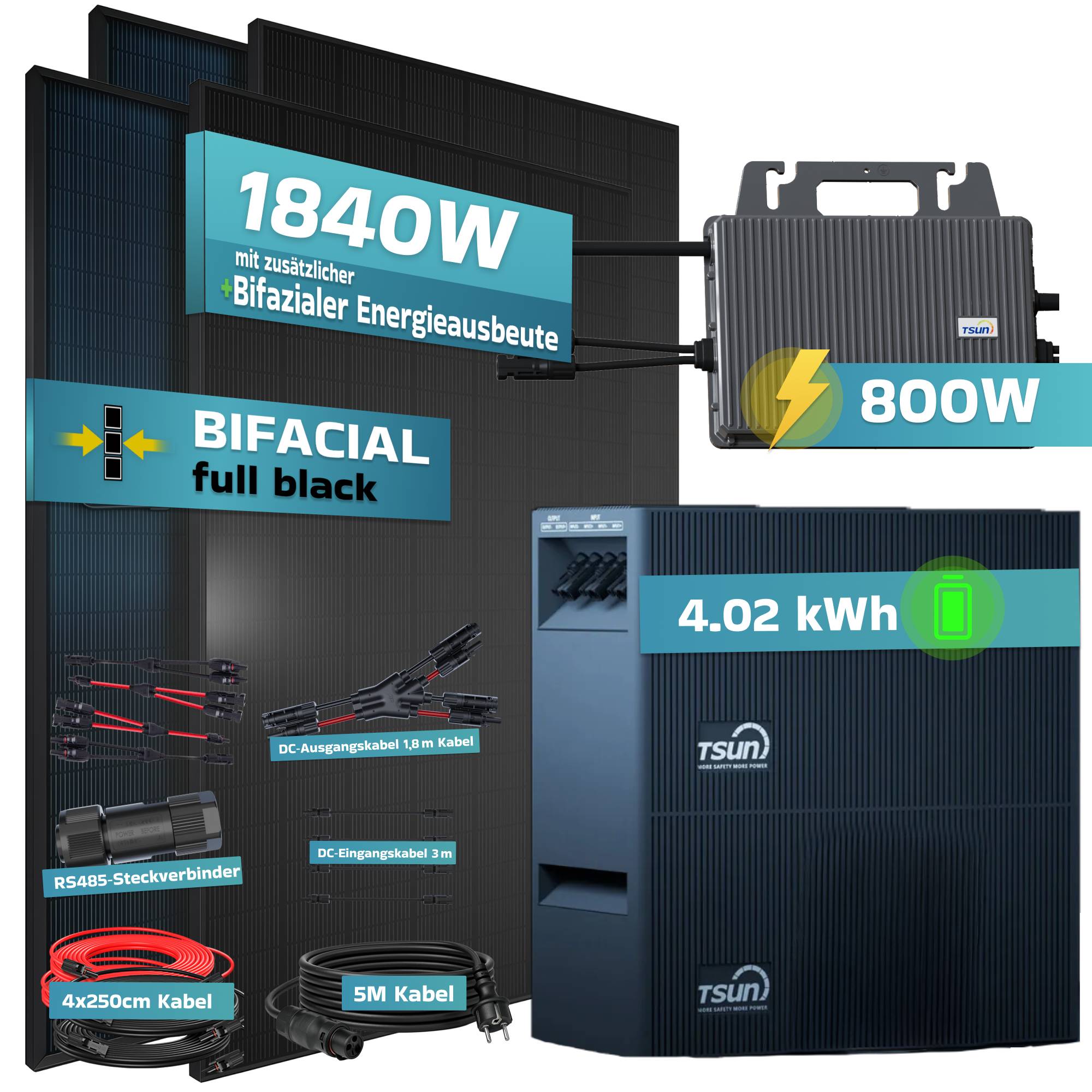 Balkonkraftwerk 1840 / 800 Watt mit TSUN DCU2000Lite 4.02 kWh Solarspeicher, BIFAZIAL FULLBLACK komplett Steckdose-4