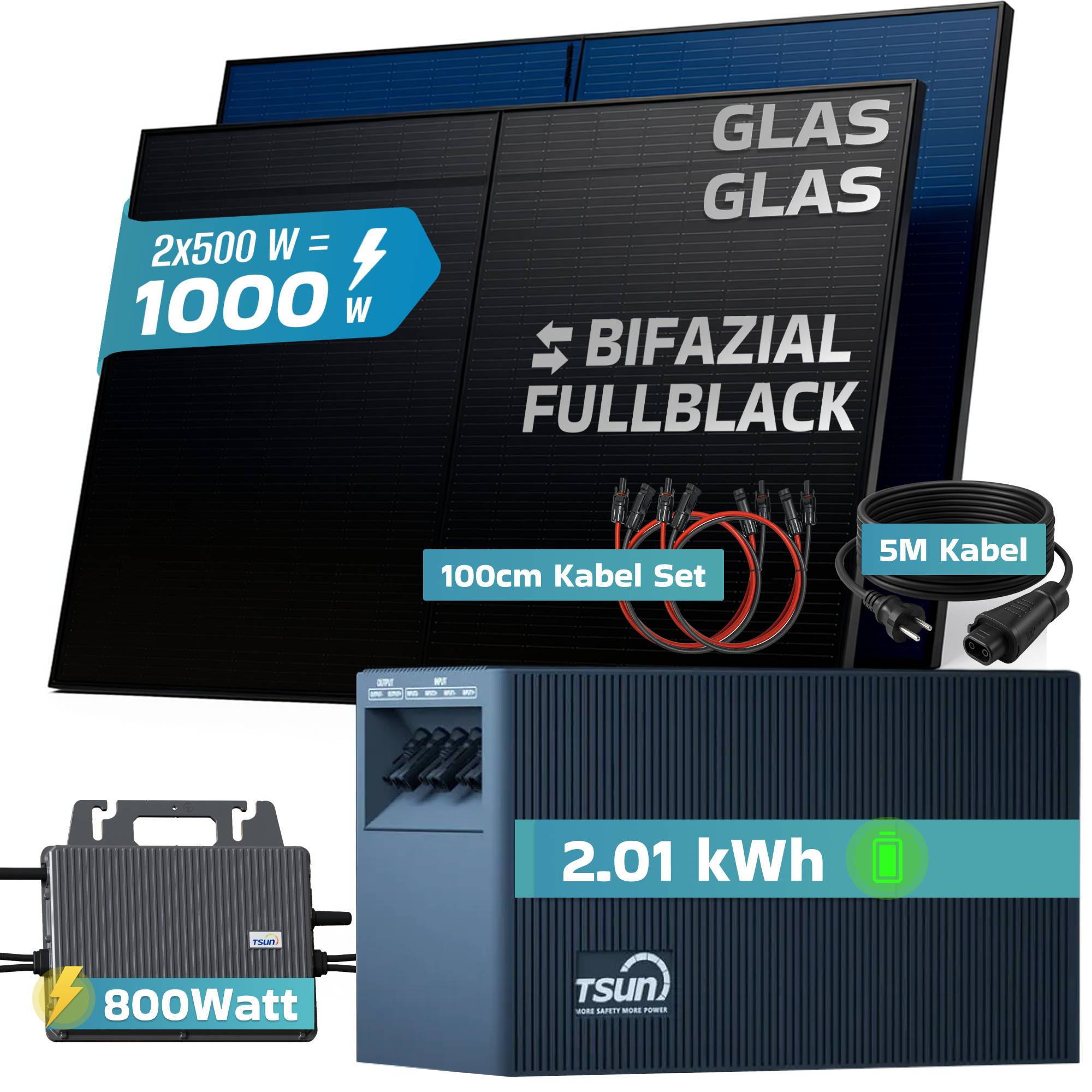 Balkonkraftwerk 1000 / 800 Watt mit TSUN DCU2000Lite 2.01 kWh Solarspeicher, BIFAZIAL FULLBLACK komplett Steckdose-4