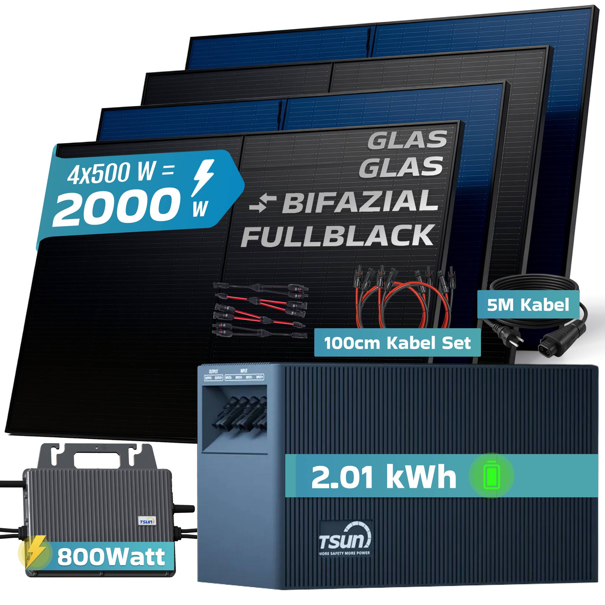 Balkonkraftwerk 2000 / 800 Watt mit TSUN DCU2000Lite 2.01 kWh Solarspeicher, BIFAZIAL FULLBLACK komplett Steckdose-4