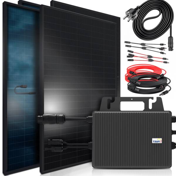 1840W Balkonkraftwerk BIFAZIAL FULLBLACK komplett Steckdose TSUN 800W Wechselrichter, Solaranlage 4x460W Glas-Glas