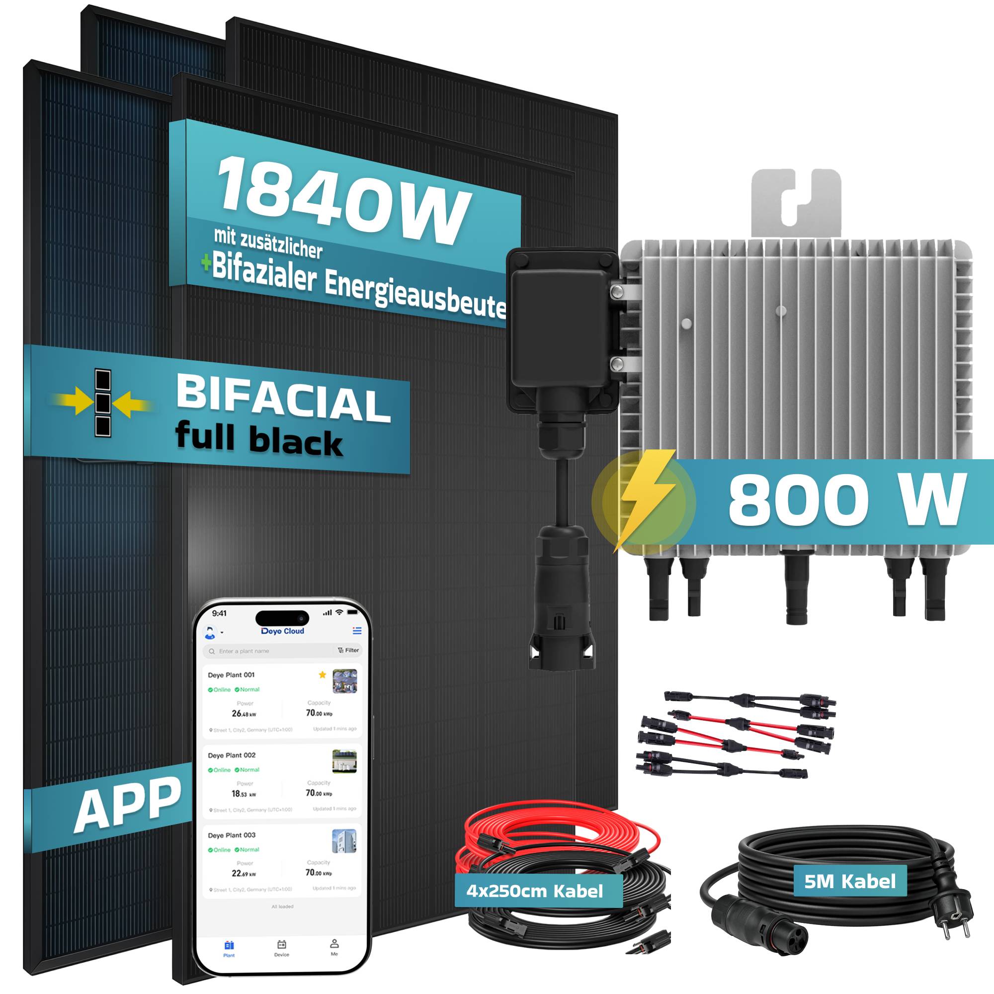 1840W Balkonkraftwerk BIFAZIAL FULLBLACK komplett Steckdose DEYE 800W Wechselrichter, Solaranlage 4x460W Glas-Glas-1