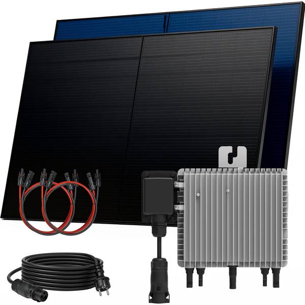 1000W Balkonkraftwerk BIFAZIAL FULLBLACK komplett Steckdose DEYE 800W Wechselrichter, Solaranlage 2x500W Glas-Glas
