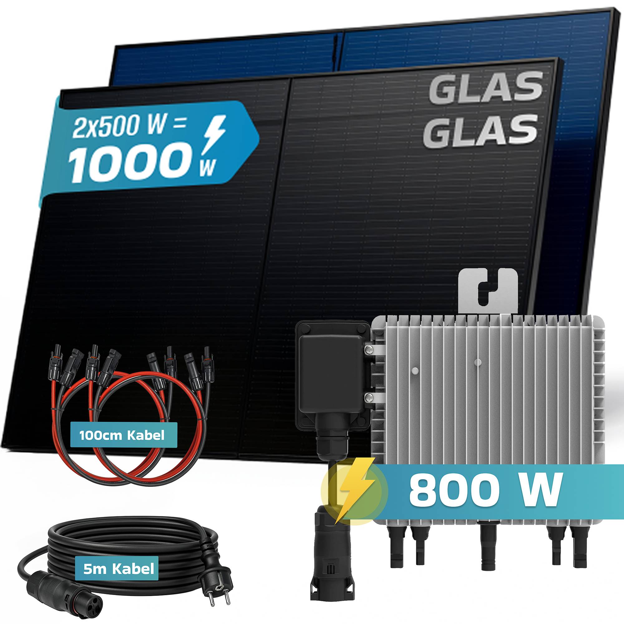 1000W Balkonkraftwerk BIFAZIAL FULLBLACK komplett Steckdose DEYE 800W Wechselrichter, Solaranlage 2x500W Glas-Glas-1