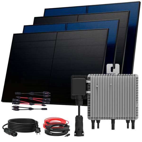 2000W Balkonkraftwerk BIFAZIAL FULLBLACK komplett Steckdose DEYE 800W Wechselrichter, Solaranlage 4x500W Glas-Glas