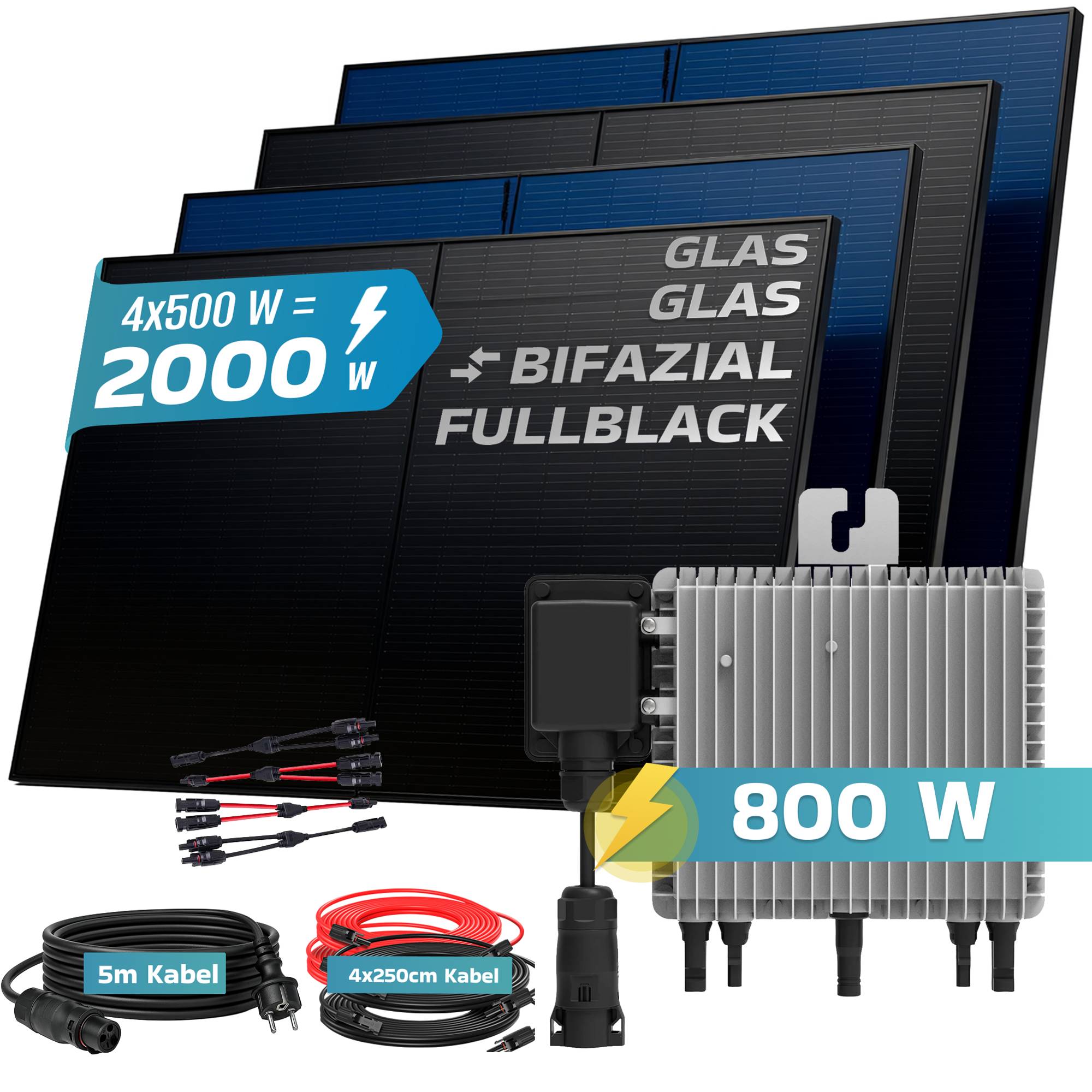 2000W Balkonkraftwerk BIFAZIAL FULLBLACK komplett Steckdose DEYE 800W Wechselrichter, Solaranlage 4x500W Glas-Glas-1