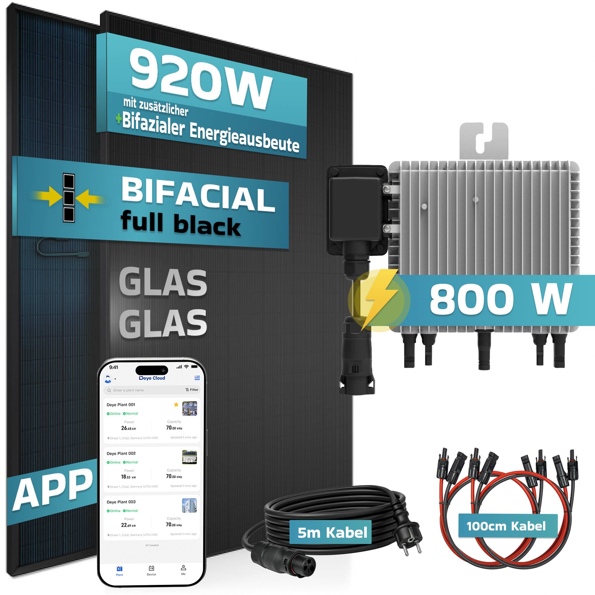 920W Balkonkraftwerk BIFAZIAL FULLBLACK komplett SteckdoseDEYE 800W Wechselrichter, Solaranlage 2x460W Glas-Glas-4
