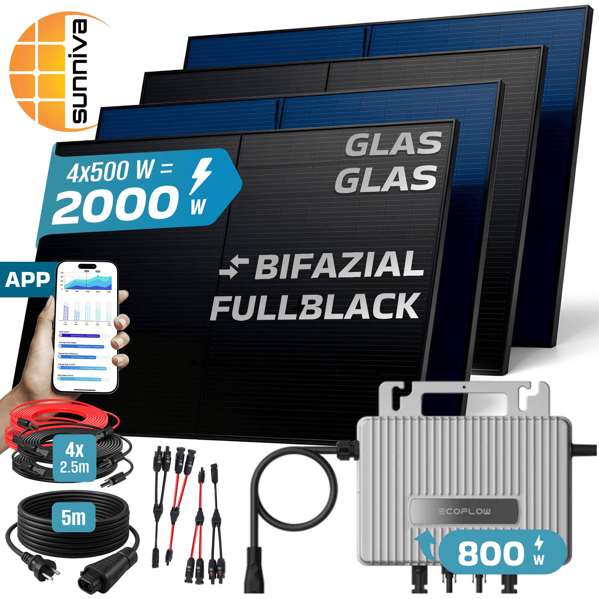 2000W Balkonkraftwerk BIFAZIAL FULLBLACK komplett Steckdose ECOFLOW 800W Wechselrichter, Solaranlage 4x500W Glas-Glas-4