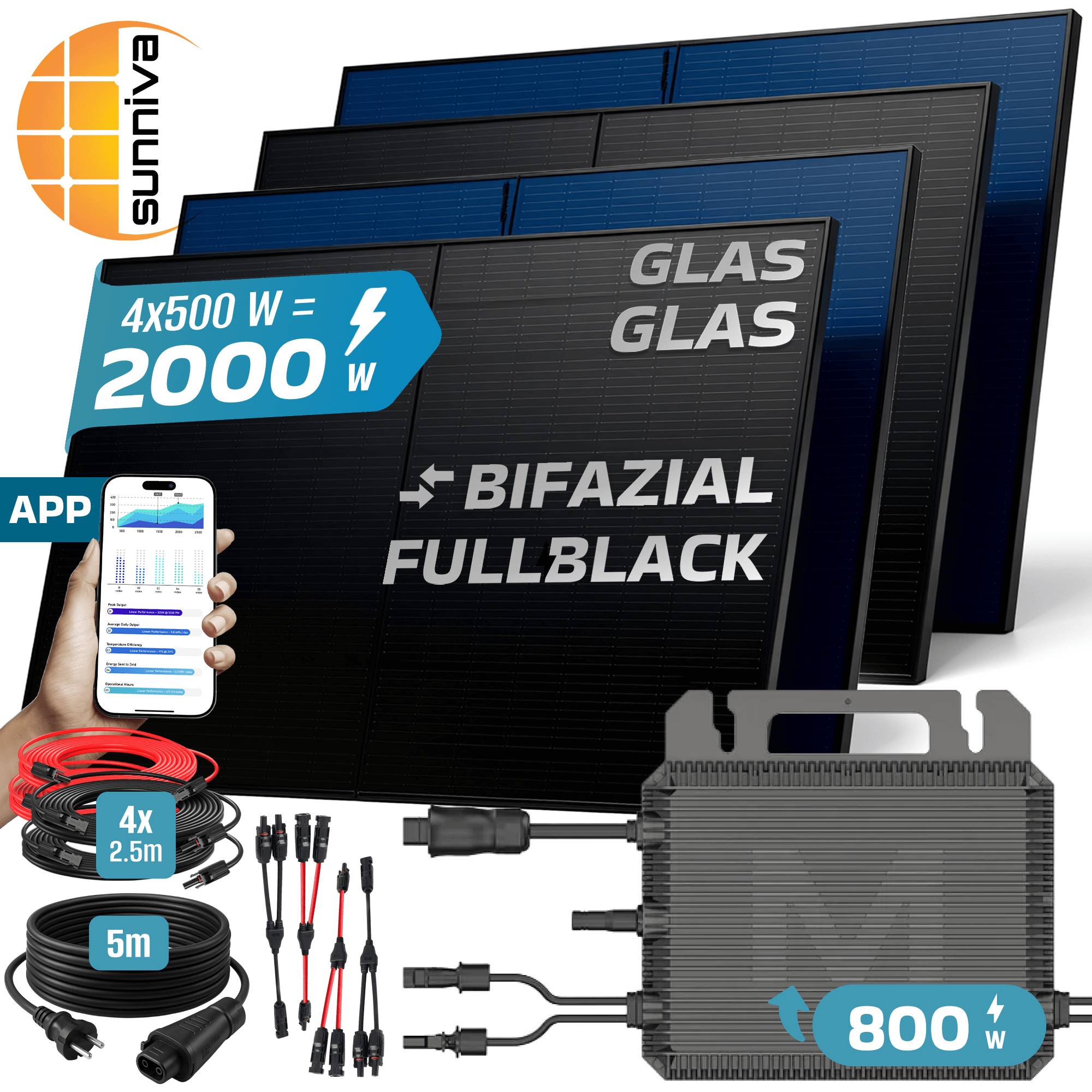 2000W Balkonkraftwerk BIFAZIAL FULLBLACK komplett Steckdose MARSTEK 800W Wechselrichter, Solaranlage 4x500W Glas-Glas-4