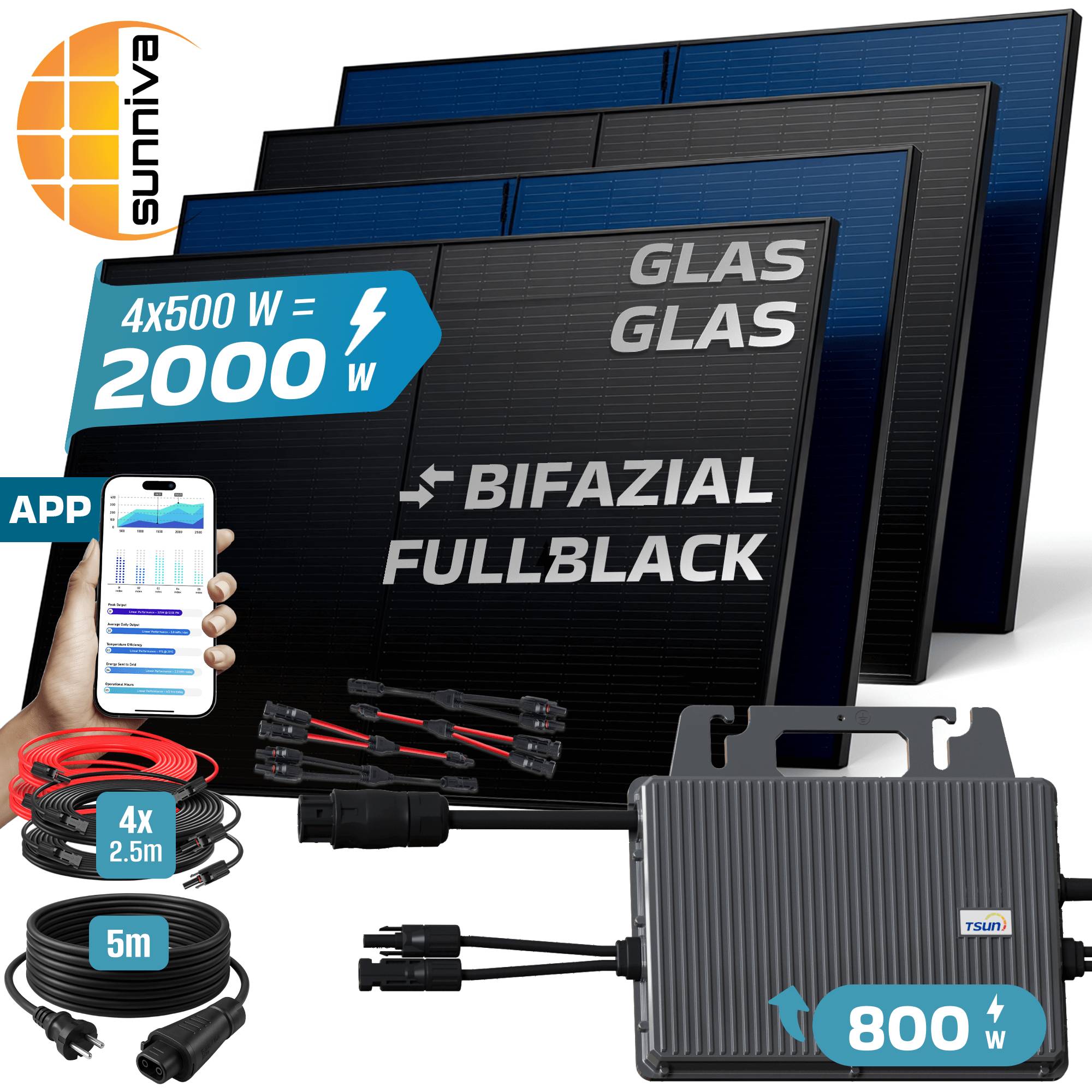 2000W Balkonkraftwerk BIFAZIAL FULLBLACK komplett Steckdose TSUN 800Watt Wechselrichter, Solaranlage 4x500W Glas-Glas-4