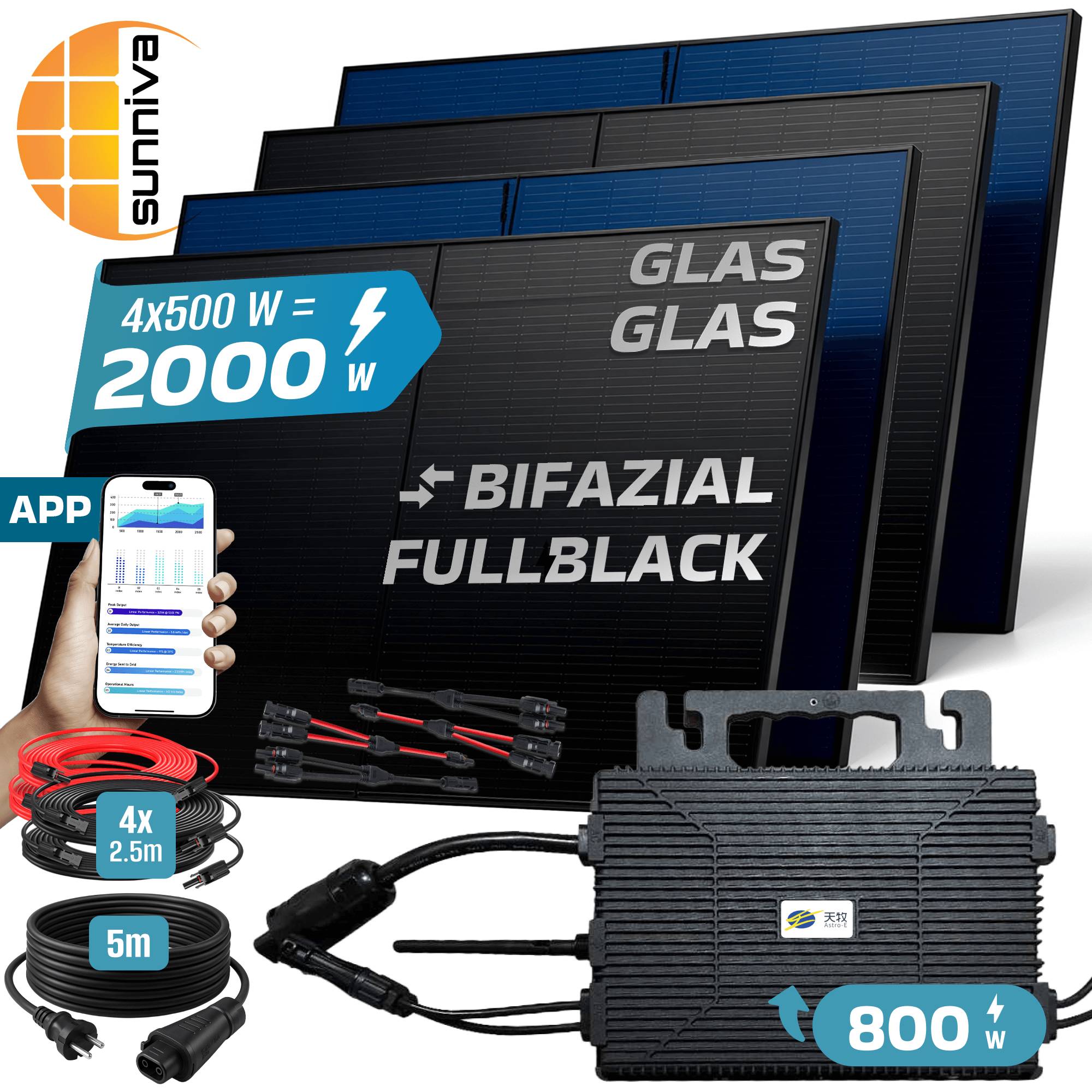 2000W Balkonkraftwerk BIFAZIAL FULLBLACK komplett Steckdose ASTRO-E 800Watt Wechselrichter, Solaranlage 4x500W Glas-Glas-4