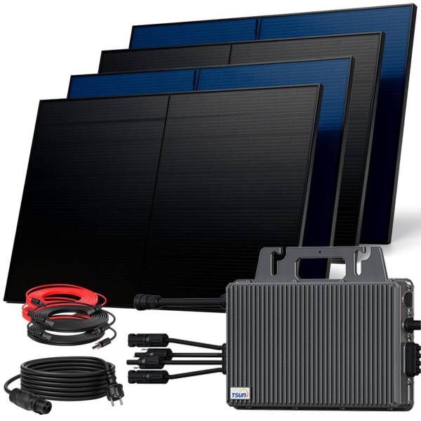 2000W Balkonkraftwerk BIFAZIAL FULLBLACK komplett Steckdose TSUN 2000W Wechselrichter, Solaranlage 4x500W Glas-Glas