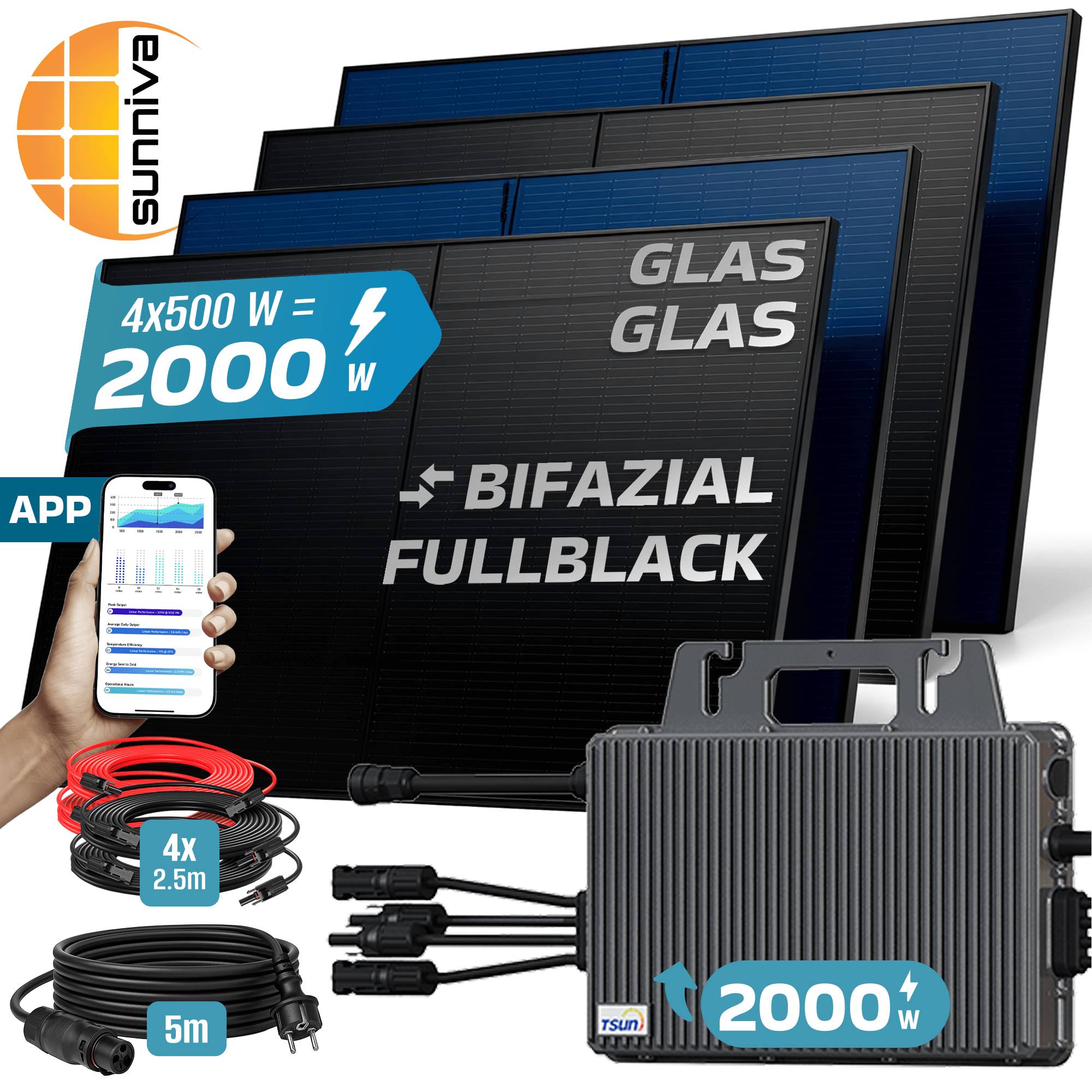 2000W Balkonkraftwerk BIFAZIAL FULLBLACK komplett Steckdose TSUN 2000W Wechselrichter, Solaranlage 4x500W Glas-Glas-1