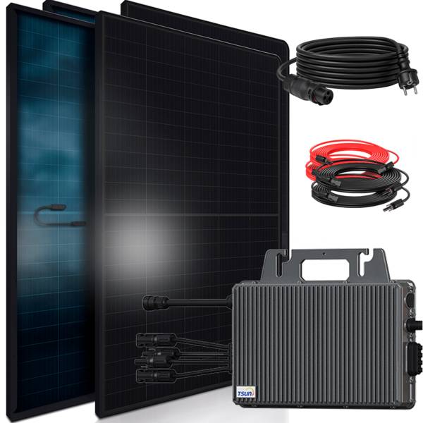 1840W Balkonkraftwerk BIFAZIAL FULLBLACK komplett Steckdose TSUN 2000W Wechselrichter, Solaranlage 4x460W Glas-Glas