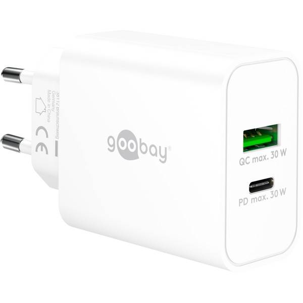 Goobay USB-C® PD GaN Dual-Schnellladegerät 30W, Netzladegerät, 1x USB-C PD und 1x USB-A QC, kompakt, Schwarz