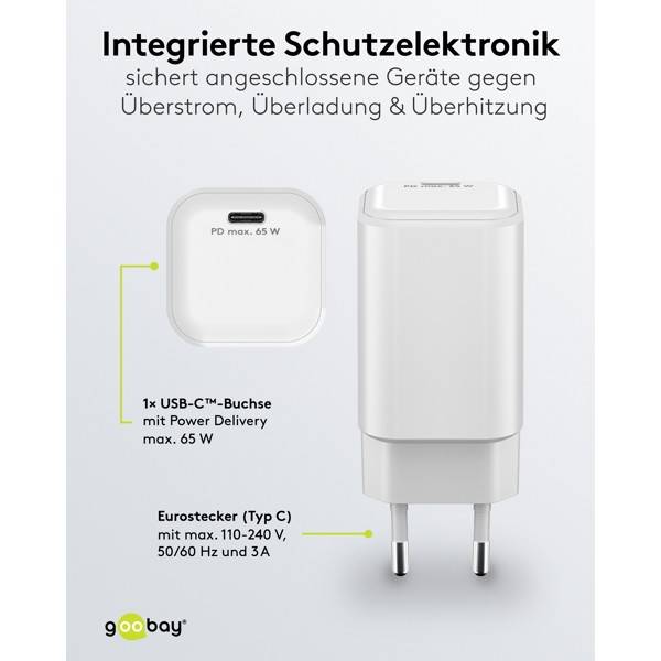 Goobay Nano USB Netzteil 65W Power Delivery GaN Charger, kompaktes universal Ladegerät, USB-C® , Weiß-4